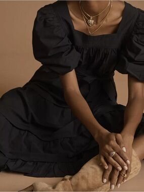 Anthropologie Love The Label Poplin Midi Dress Puff Sleeve Ruffled Black M